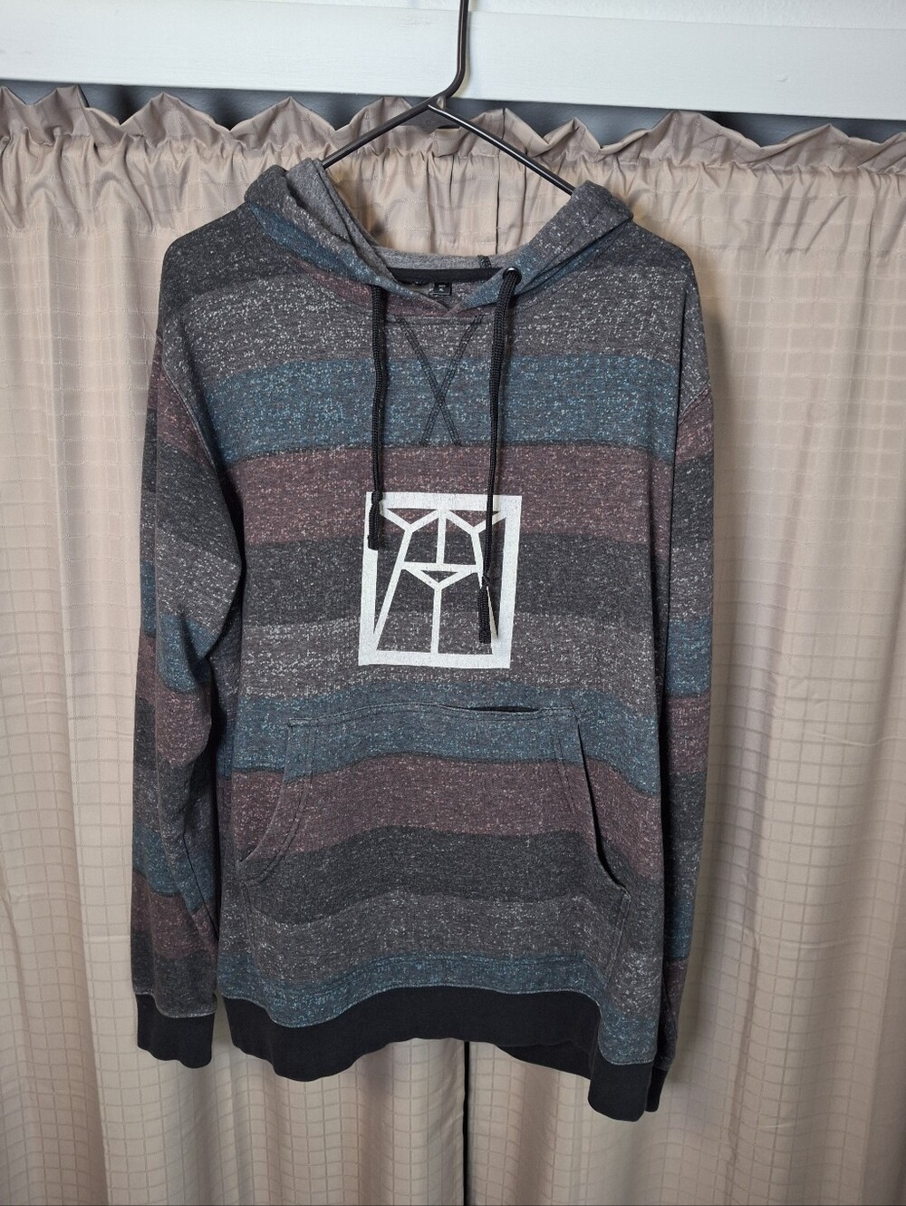 Burnside Black Pullover Hoodie Graphic Print Striped Pouch Pocket Size XL